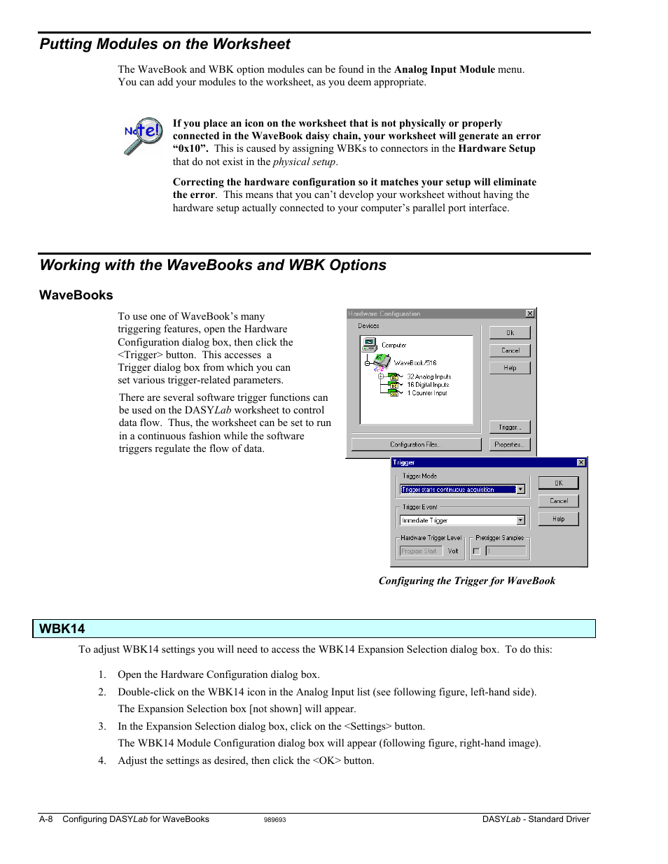 Putting modules on the worksheet …… a-8, And wbk options …… a-8, Wbk14 …… a-8 | Putting modules on the worksheet, Working with the wavebooks and wbk options | Measurement Computing DASYLab User Manual | Page 44 / 80
