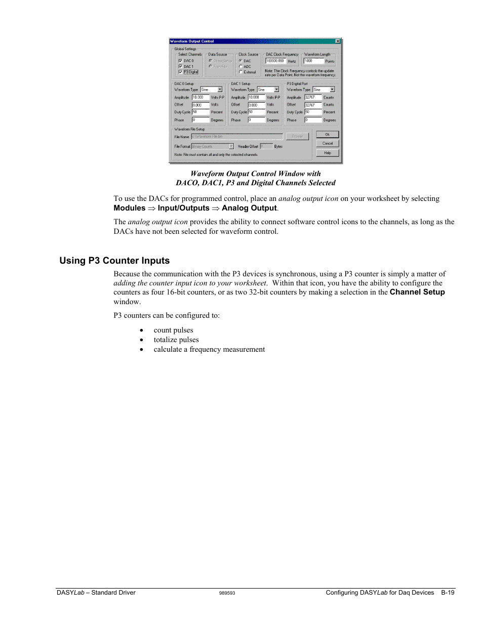 Using p3 counter inputs …… b-19, Using p3 counter inputs | Measurement Computing DASYLab User Manual | Page 73 / 80