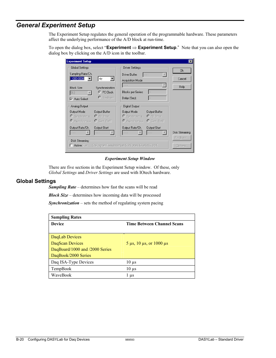 General experiment setup …… b-20, Global settings …… b-20, General experiment setup | Measurement Computing DASYLab User Manual | Page 74 / 80