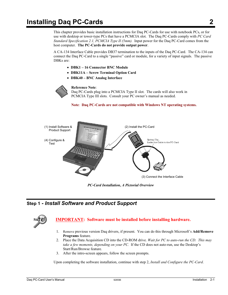 2 - installing daq pc-cards, Step 1 - install software and product support, Installing daq pc-cards | Installing daq pc-cards 2, Install software and product support | Measurement Computing Daq PC-Cards User Manual | Page 11 / 28