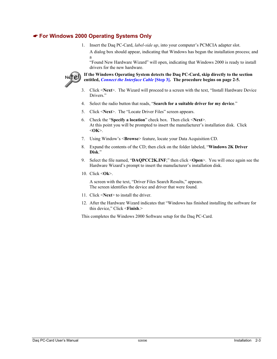 For windows 2000 operating systems only, Windows 2000 …… pg. 2-3 | Measurement Computing Daq PC-Cards User Manual | Page 13 / 28