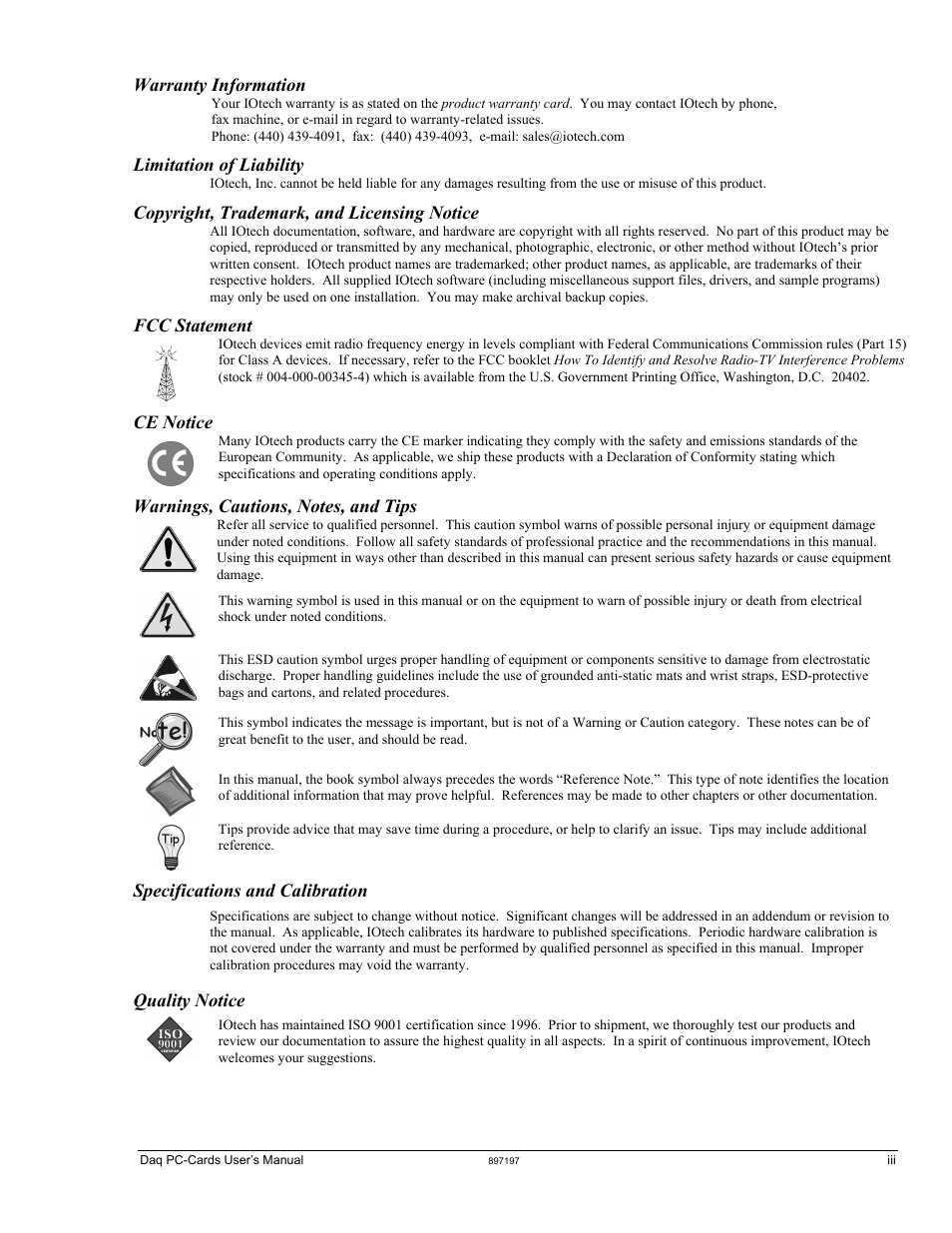 Warranty information, Limitation of liability, Copyright, trademark, and licensing notice | Fcc statement, Ce notice, Specifications and calibration, Quality notice | Measurement Computing Daq PC-Cards User Manual | Page 3 / 28
