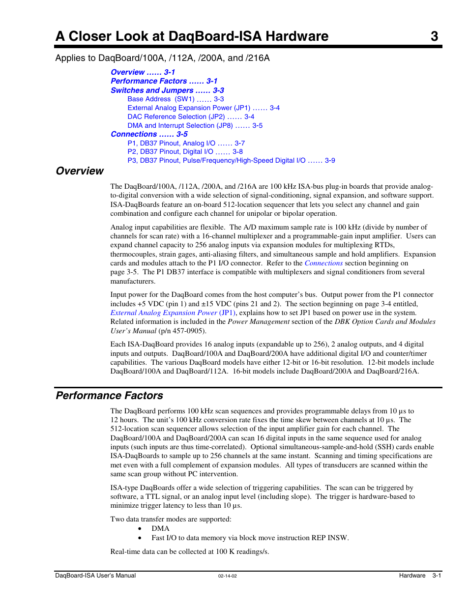 3 - a closer look at daqboard-isa hardware, Overview, Performance factors | Chapter 3, A closer look at daqboard-isa hardware, Overview …… 3- 1 performance factors …… 3-1, A closer look at daqboard-isa hardware 3 | Measurement Computing DaqBoard-ISA User Manual | Page 19 / 46