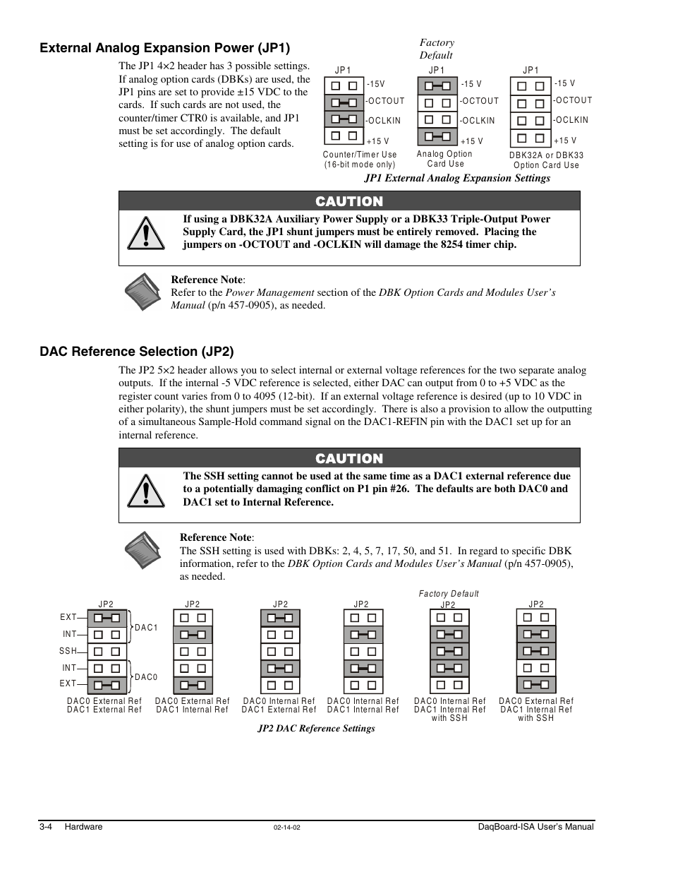 External analog expansion power (jp1), Dac reference selection (jp2) | Measurement Computing DaqBoard-ISA User Manual | Page 22 / 46