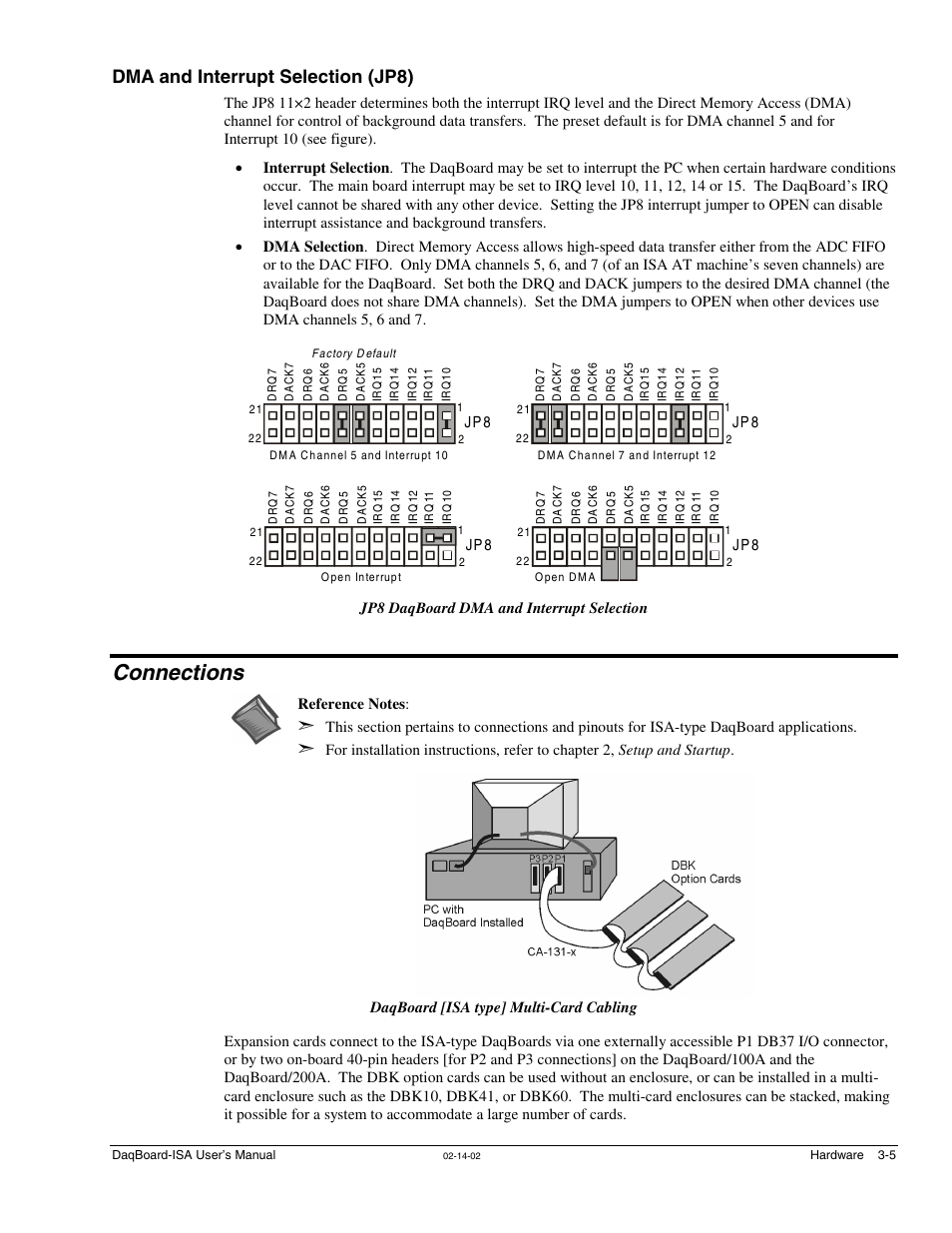 Dma and interrupt selection (jp8), Connections, Dma and interrupt selection (jp8) …… 3-5 | Connections …… 3- 5, Connections …… 3-5, Jp 8, Jp8 daqboard dma and interrupt selection | Measurement Computing DaqBoard-ISA User Manual | Page 23 / 46