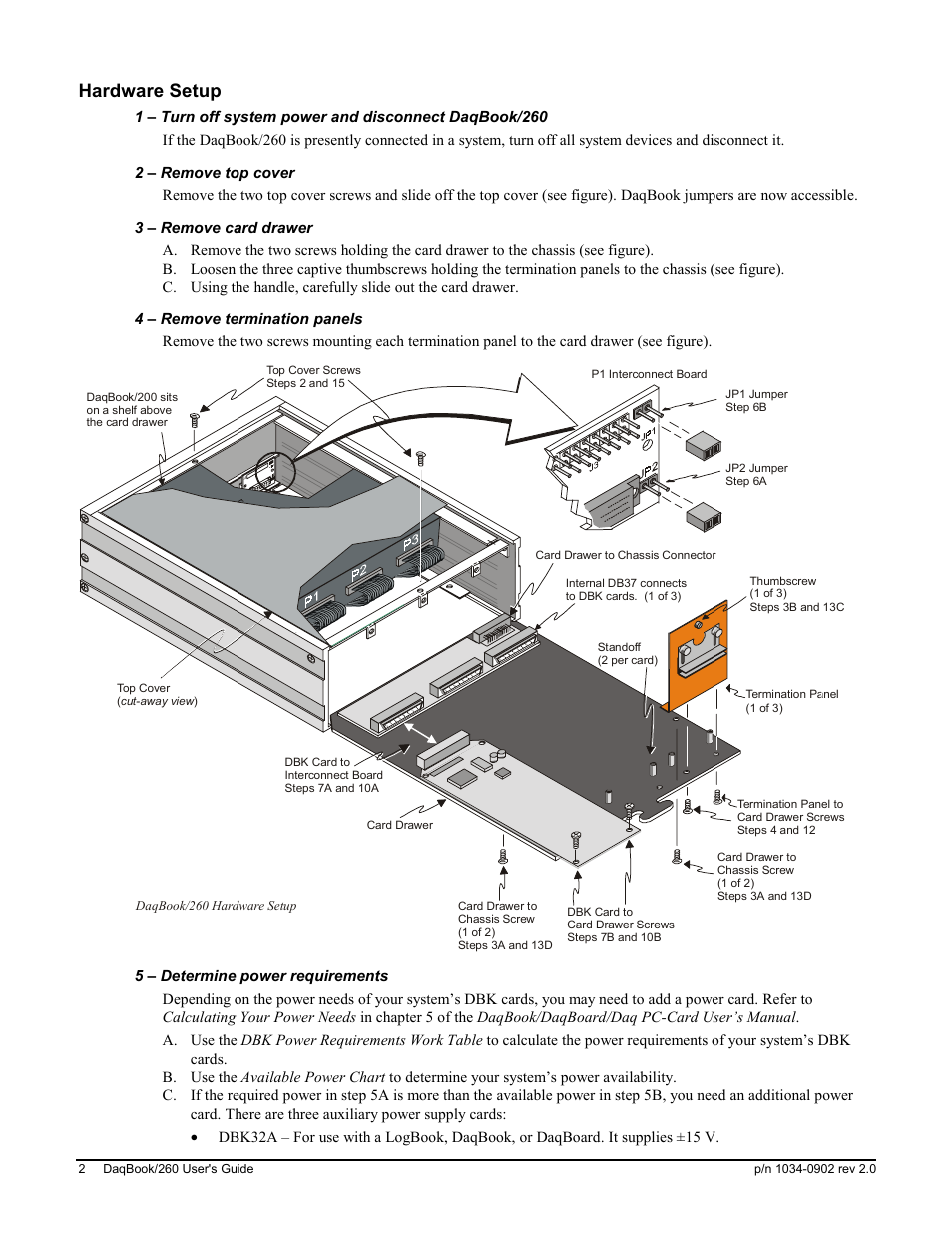 Hardware setup, 2 – remove top cover, 3 – remove card drawer | 4 – remove termination panels, 5 – determine power requirements | Measurement Computing DaqBook 260 User Manual | Page 2 / 5