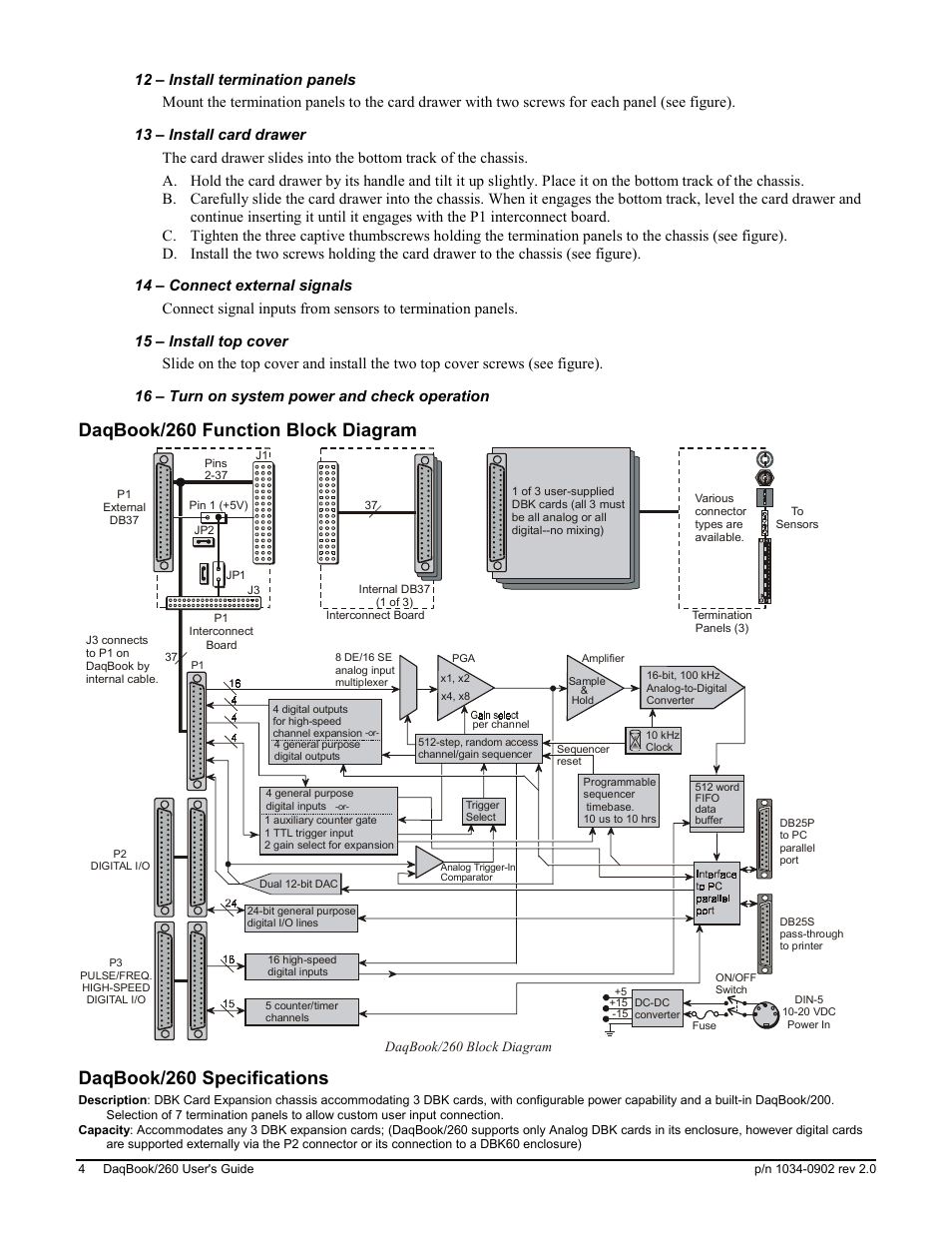 13 – install card drawer, 14 – connect external signals, 15 – install top cover | 16 – turn on system power and check operation, Daqbook/260 function block diagram, Daqbook/260 specifications | Measurement Computing DaqBook 260 User Manual | Page 4 / 5