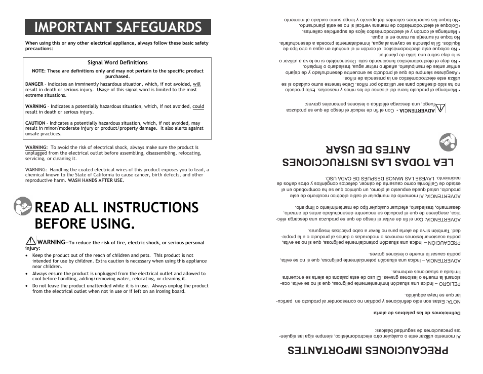 Precauciones importantes, Lea t odas las instrucciones antes de usar | Continental PLATINUM CP43021 User Manual | Page 2 / 6
