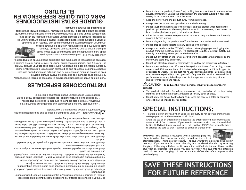 Save these instructions for future reference, Special instructions, Instrucciones especiales | Continental PLATINUM CP43021 User Manual | Page 3 / 6