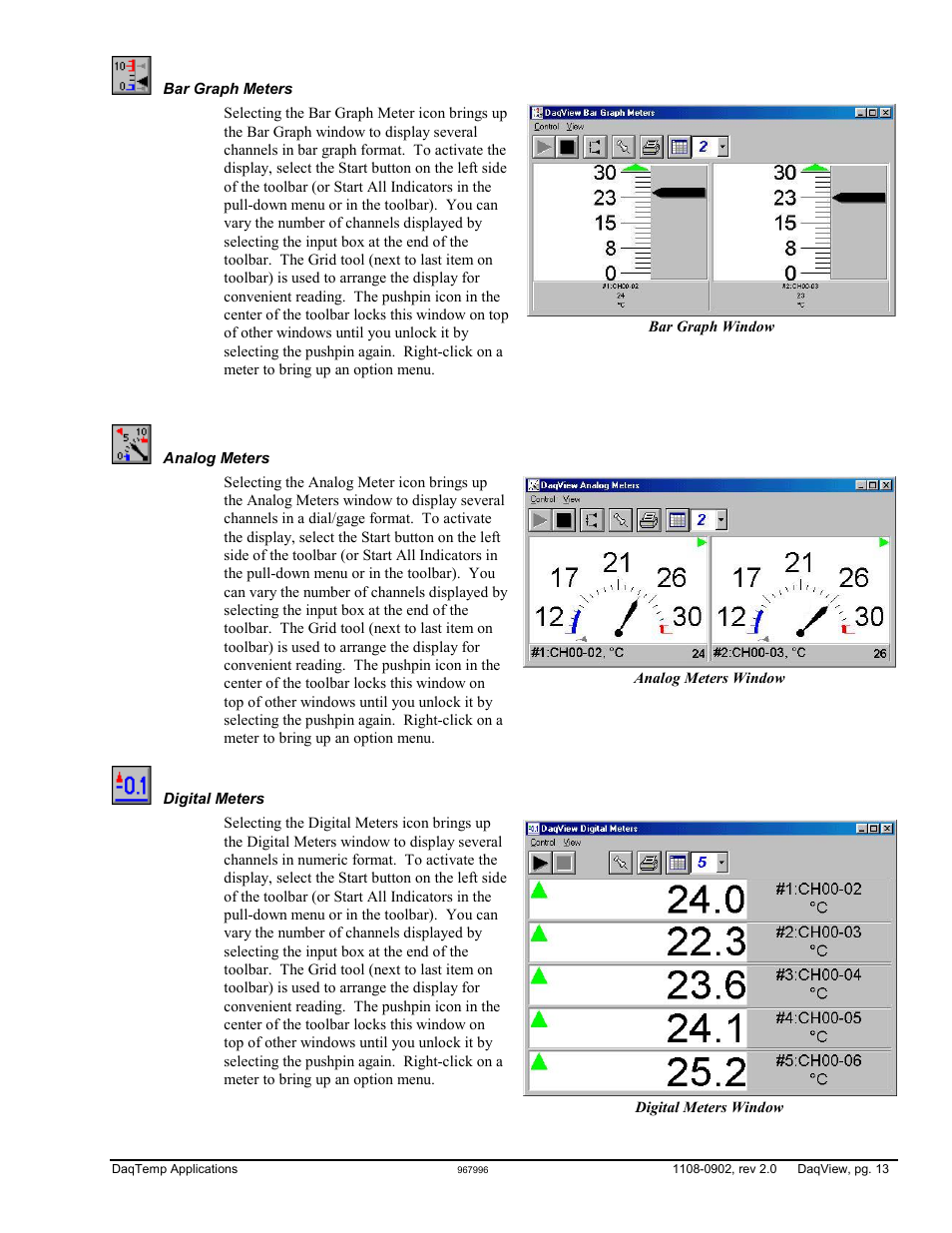 Bar graph meters, Analog meters, Digital meters | Measurement Computing DaqView for DaqTemp Applications User Manual | Page 15 / 24