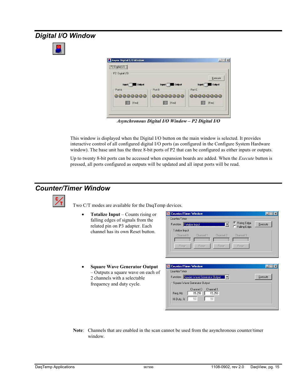 Digital i/o window, Counter/timer window | Measurement Computing DaqView for DaqTemp Applications User Manual | Page 17 / 24
