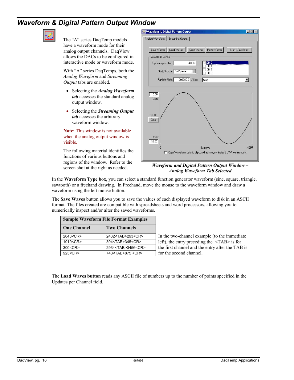 Waveform & digital pattern output window | Measurement Computing DaqView for DaqTemp Applications User Manual | Page 18 / 24