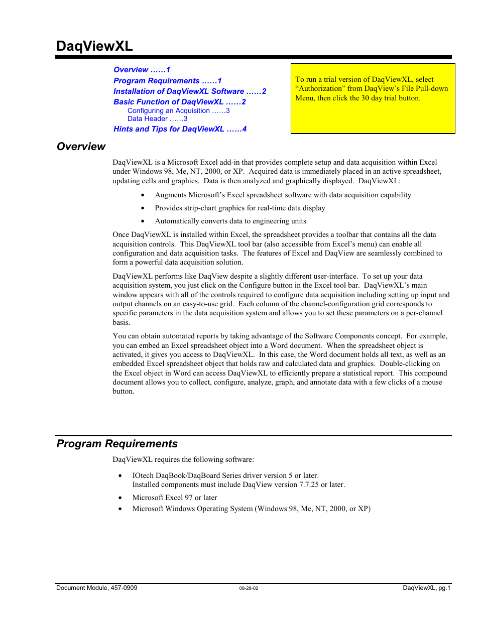 Daqviewxl, Overview, Program requirements | Program requir e ments | Measurement Computing DaqView for DaqTemp Applications User Manual | Page 21 / 24