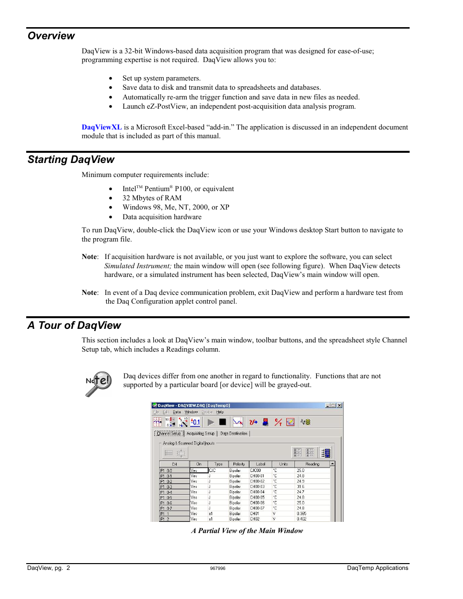 Overview, Starting daqview, A tour of daqview | Measurement Computing DaqView for DaqTemp Applications User Manual | Page 4 / 24
