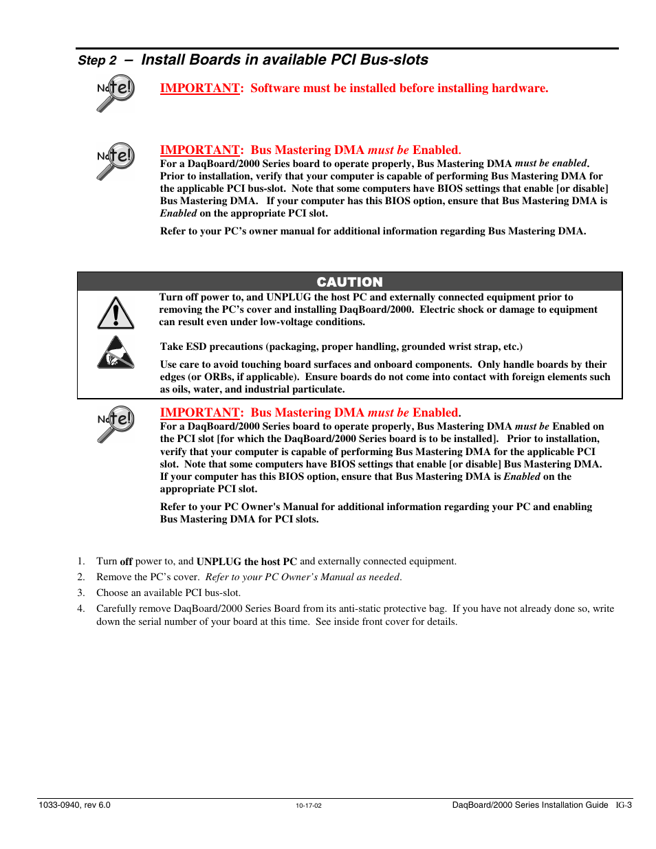 Step 2 - install boards in available pci bus-slots, Install boards in available pci bus-slots | Measurement Computing 2000 Series Daqboar User Manual | Page 13 / 94