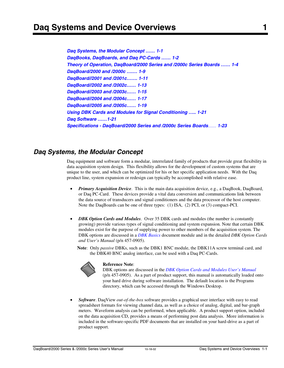 Ch 1 - daq systems and device overviews, Daq systems, the modular concept, 1 – daq systems and device overviews | Daq systems, the modular concept ……1-1, Daq systems and device overviews 1 | Measurement Computing 2000 Series Daqboar User Manual | Page 27 / 94