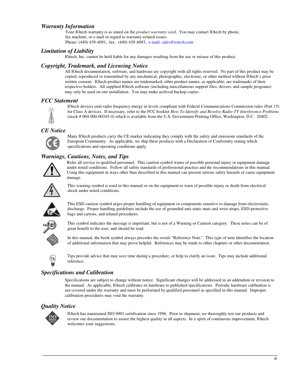 Warranty, Warnings, cautions, notes, & tips | Measurement Computing 2000 Series Daqboar User Manual | Page 3 / 94