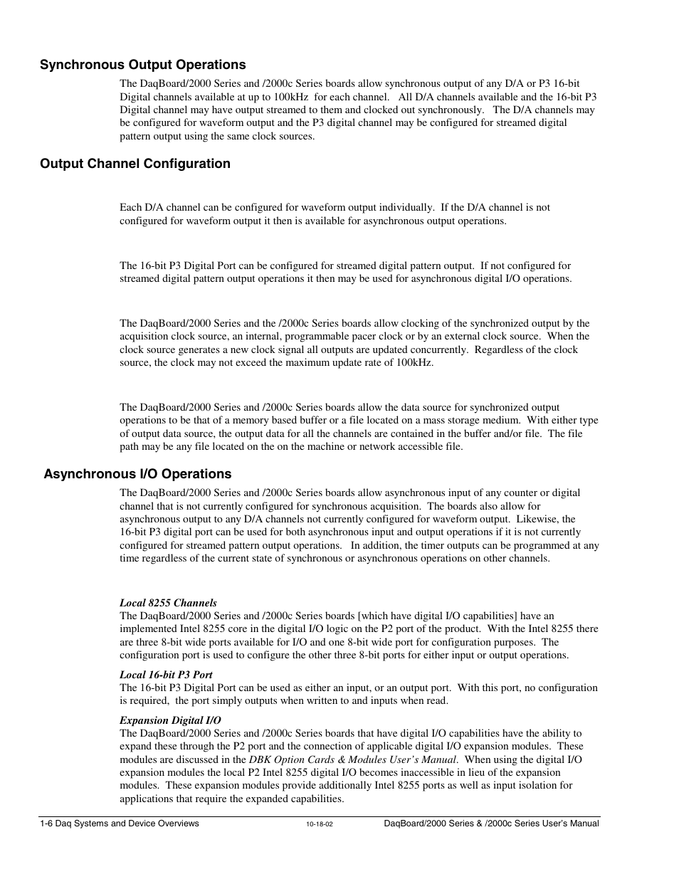 Synchronous output operations, Output channel configuration, Asynchronous i/o operations | Measurement Computing 2000 Series Daqboar User Manual | Page 32 / 94