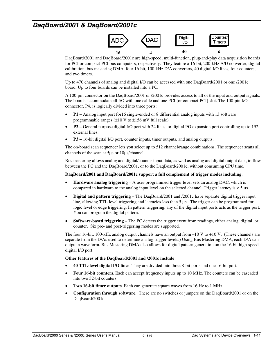 Daqboard/2001 & daqboard/2001c, Daqboard/2001 and /2001c …… 1-11, Daqboard//2001 and /2001c……. 1-11 | Measurement Computing 2000 Series Daqboar User Manual | Page 37 / 94