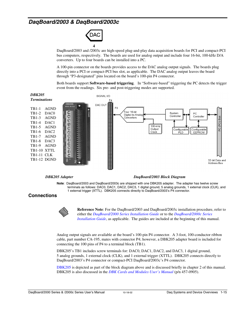 Daqboard/2003 & daqboard/2003c, Connections, Daqboard/2003 and /2003c …… 1-15 | Daqboard//2003 and /2003c…… 1-15 | Measurement Computing 2000 Series Daqboar User Manual | Page 41 / 94