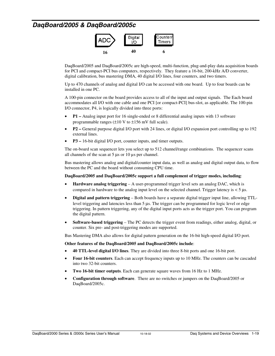 Daqboard/2005 & daqboard/2005c, Daqboard/2005 and /2005c …… 1-19, Daqboard//2005 and /2005c…… 1-19 | Measurement Computing 2000 Series Daqboar User Manual | Page 45 / 94