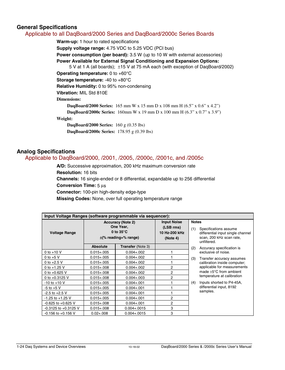 General specifications, Analog specifications | Measurement Computing 2000 Series Daqboar User Manual | Page 50 / 94