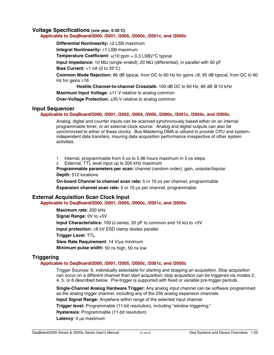 Voltage specifications, Input sequencer, External acquisition scan clock input | Triggering | Measurement Computing 2000 Series Daqboar User Manual | Page 51 / 94
