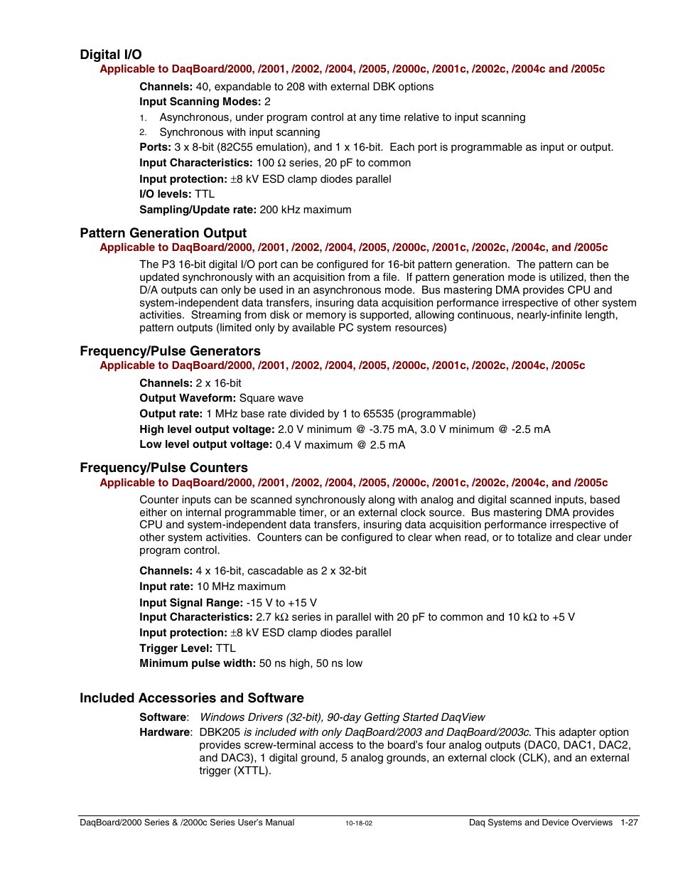 Digital i/o, Pattern generation output, Frequency/pulse generators | Frequency/pulse counters, Included accessories and software | Measurement Computing 2000 Series Daqboar User Manual | Page 53 / 94