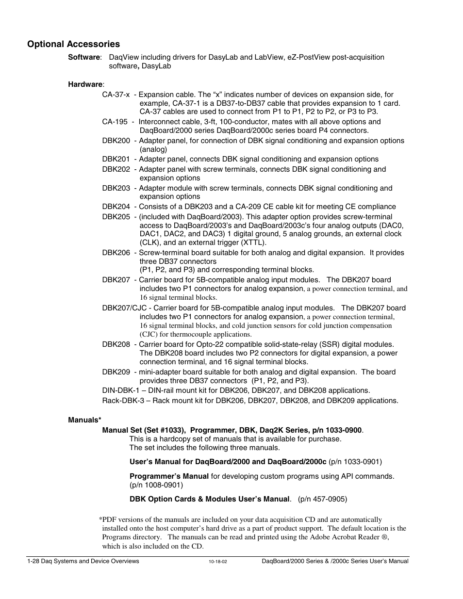 Optional accessories | Measurement Computing 2000 Series Daqboar User Manual | Page 54 / 94