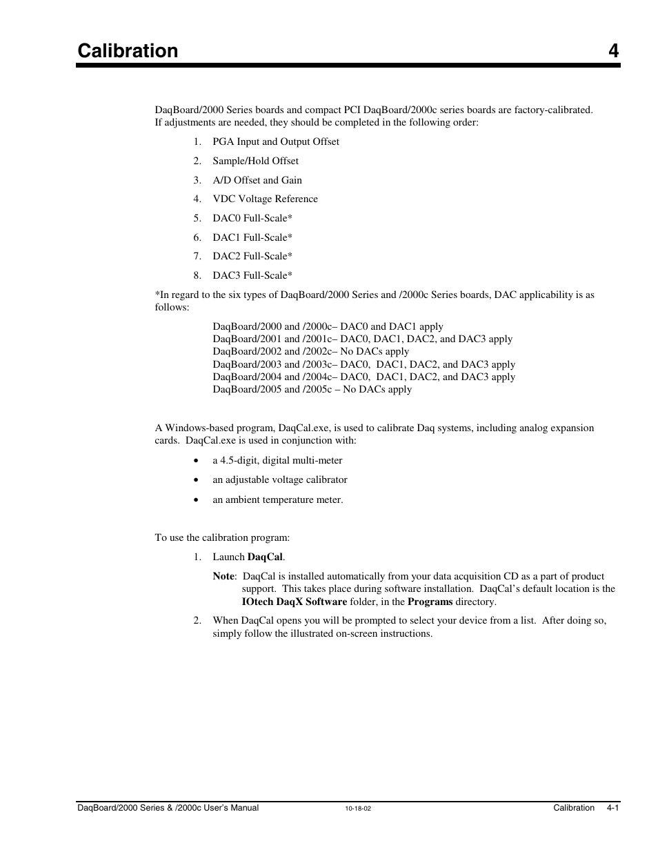 Ch 4 - calibration, Chapter 4, Calibration | Discusses, Daqcal.exe, 4 – calibration, Calibration 4 | Measurement Computing 2000 Series Daqboar User Manual | Page 89 / 94