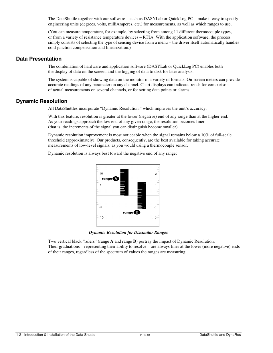 Data presentation, Dynamic resolution, Data presentation …… 1-2 dynamic resolution …… 1-2 | Measurement Computing DataShuttle User Manual | Page 10 / 126