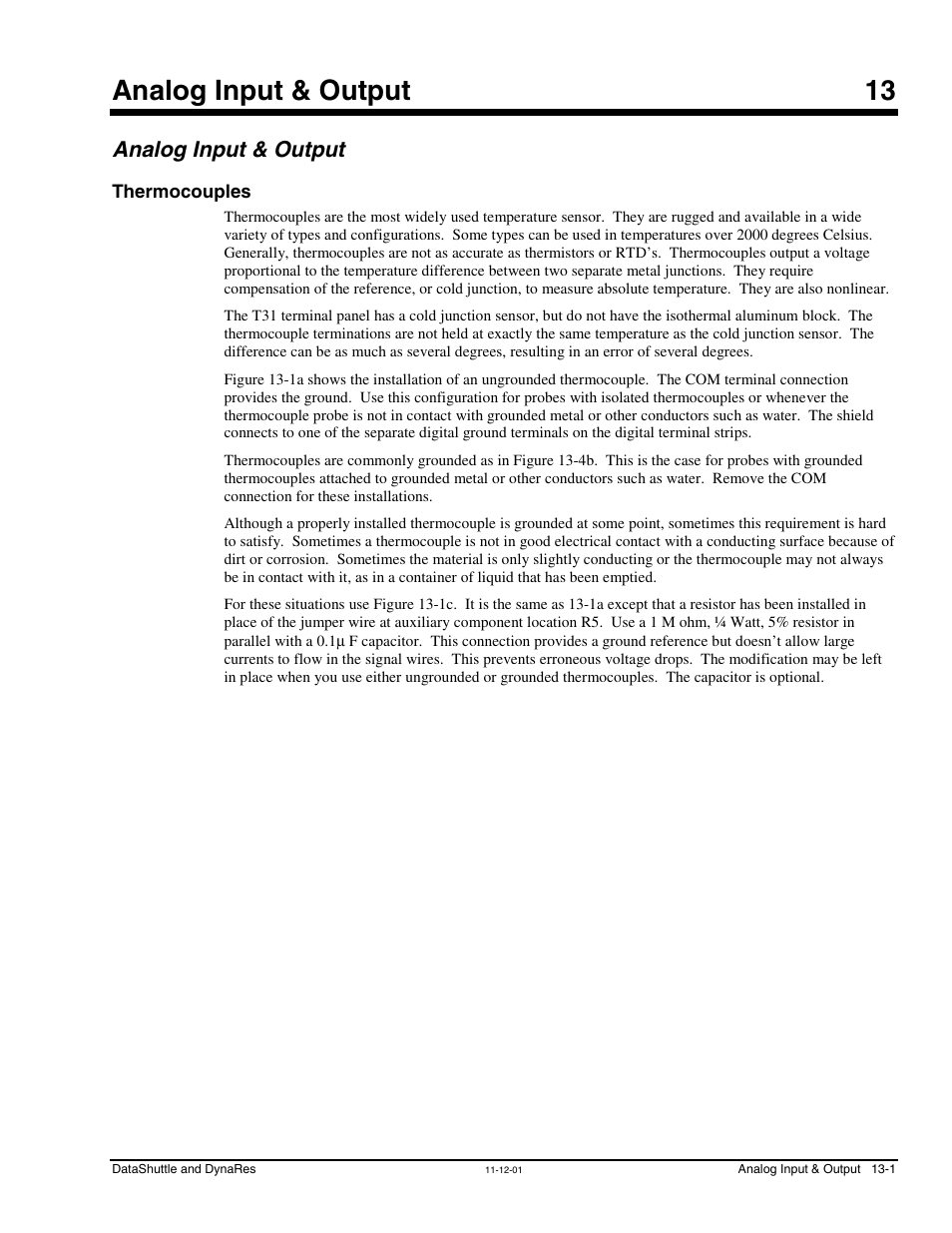 Chapter 13 - analog input & output, Analog input & output, Thermocouples | 13 - analog input & output, Analog input & output …… 13-1, Thermocouples …… 13-1, Analog input & output 13 | Measurement Computing DataShuttle User Manual | Page 101 / 126