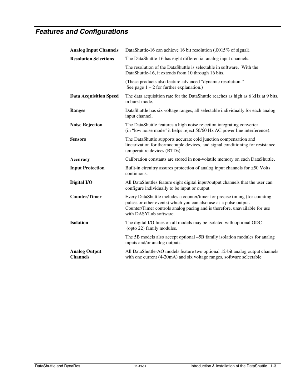 Features and configurations, Features and configurations …… 1-3 | Measurement Computing DataShuttle User Manual | Page 11 / 126