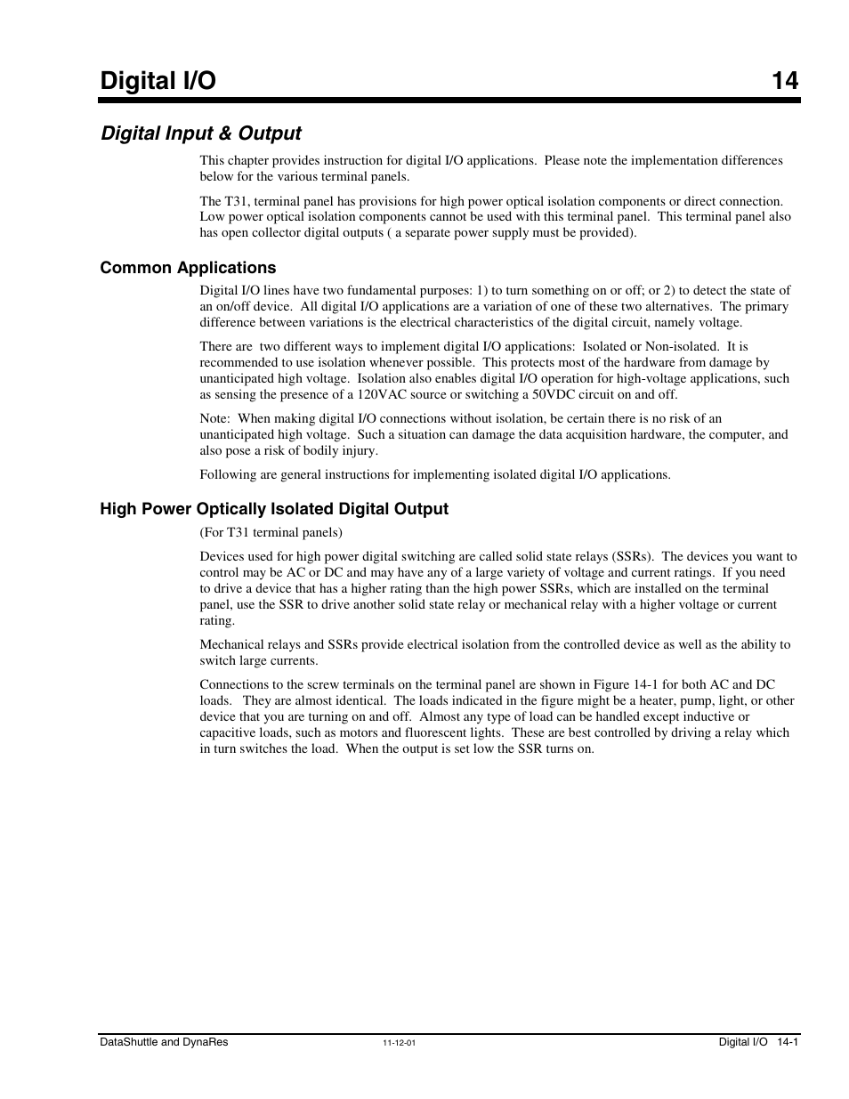 Chapter 14 - digital i/o, Digital input & output, Common applications | High power optically isolated digital output, 14 - digital i/o, Digital input & output …… 14-1, Output …… 14-1, Digital i/o 14 | Measurement Computing DataShuttle User Manual | Page 115 / 126
