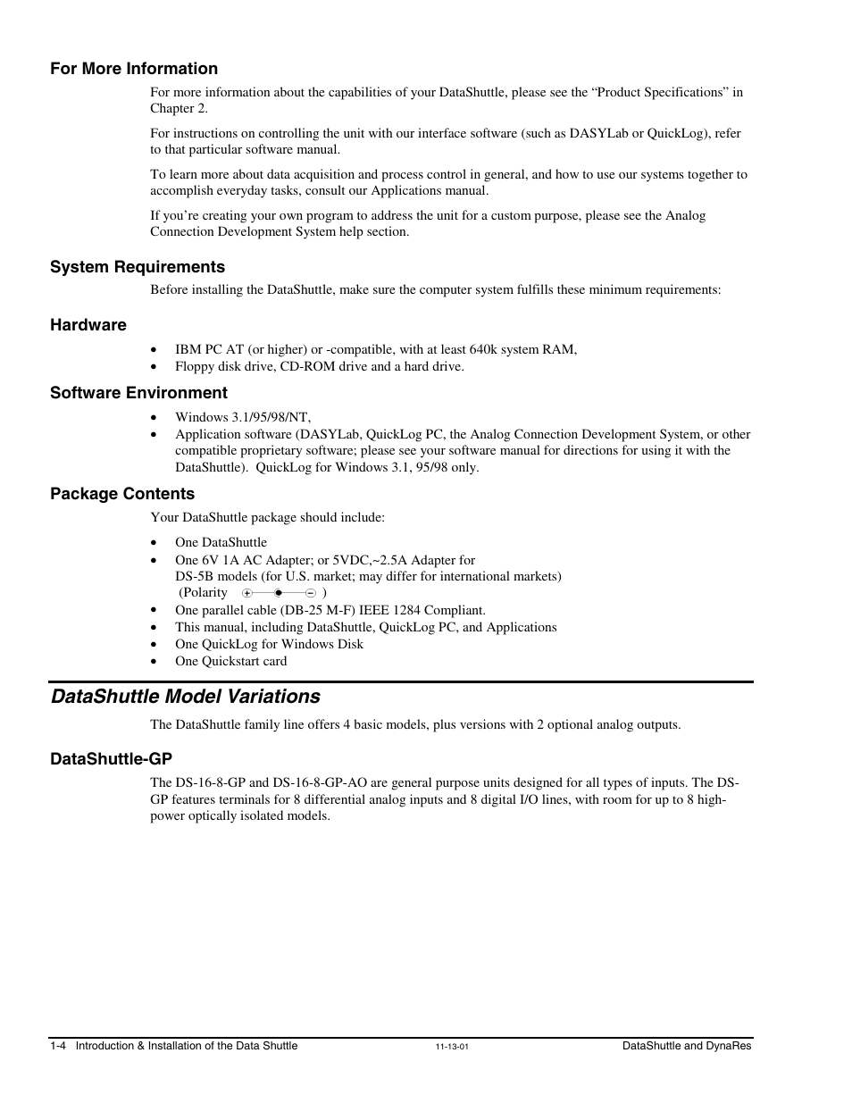 For more information, System requirements, Hardware | Software environment, Package contents, Datashuttle model variations, Datashuttle-gp, Datashuttle model variations …… 1-4, Datashuttle-gp …… 1-4 | Measurement Computing DataShuttle User Manual | Page 12 / 126