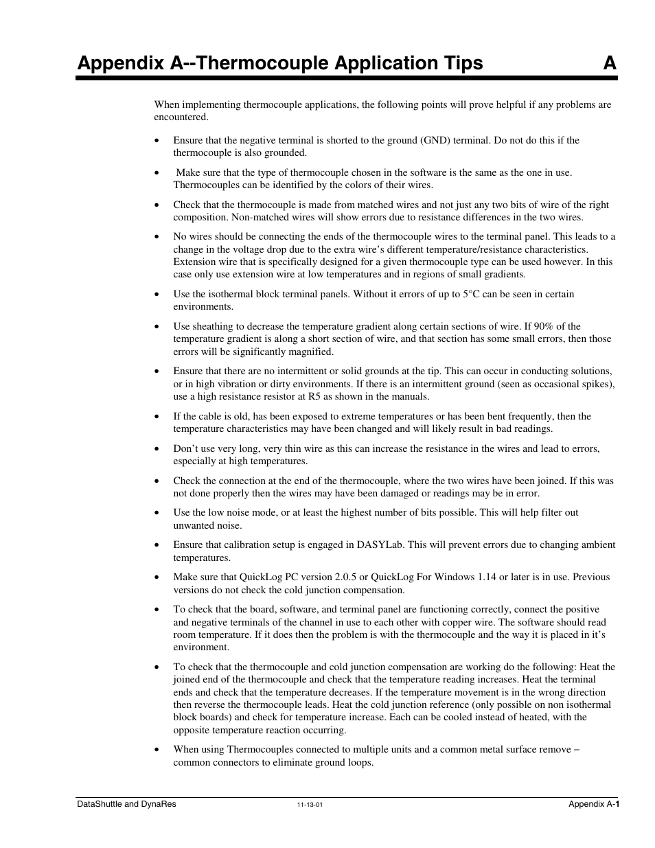 Appendix a - thermocouple application tips, Appendix a - thermocouple application, Tips | Appendix a--thermocouple application tips a | Measurement Computing DataShuttle User Manual | Page 121 / 126