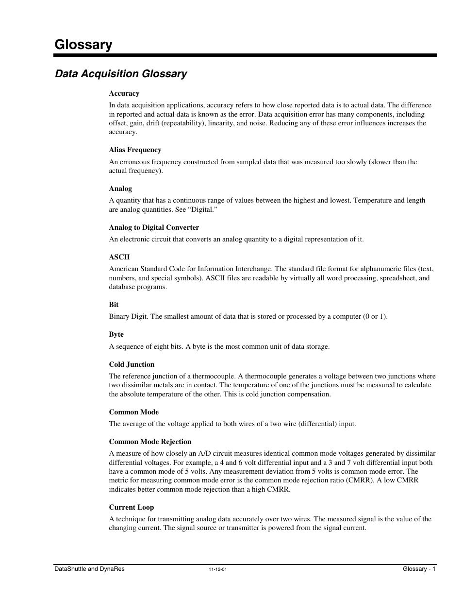 Glossary, Data acquisition glossary, Accuracy | Alias frequency, Analog, Analog to digital converter, Ascii, Byte, Cold junction, Common mode | Measurement Computing DataShuttle User Manual | Page 123 / 126