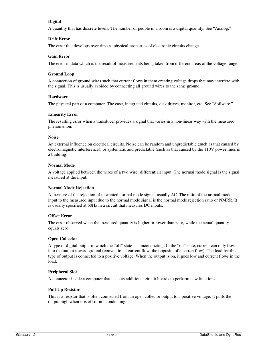 Digital, Drift error, Gain error | Ground loop, Hardware, Linearity error, Noise, Normal mode, Normal mode rejection, Offset error | Measurement Computing DataShuttle User Manual | Page 124 / 126