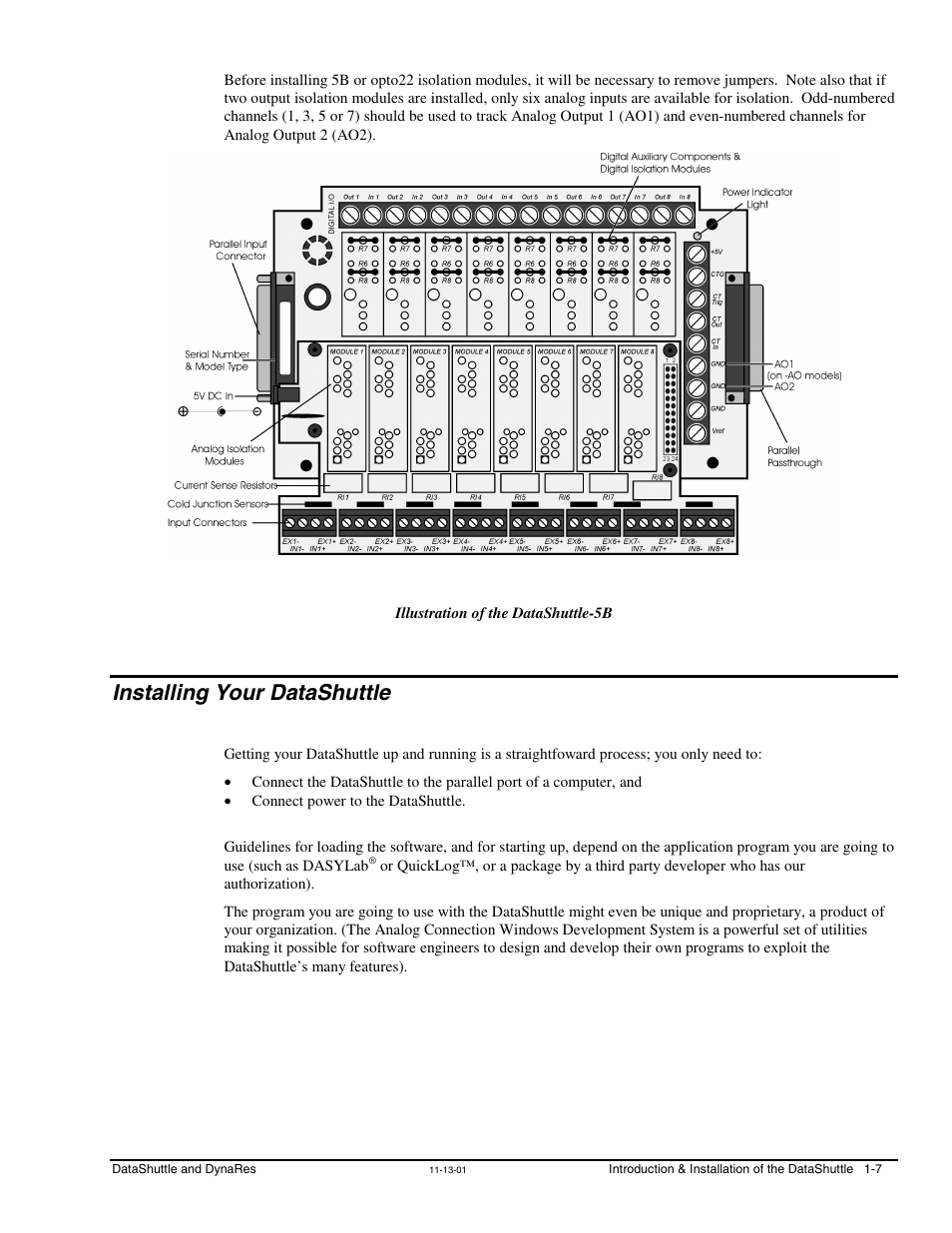 Installing your datashuttle, Installing your datashuttle …… 1-7 | Measurement Computing DataShuttle User Manual | Page 15 / 126