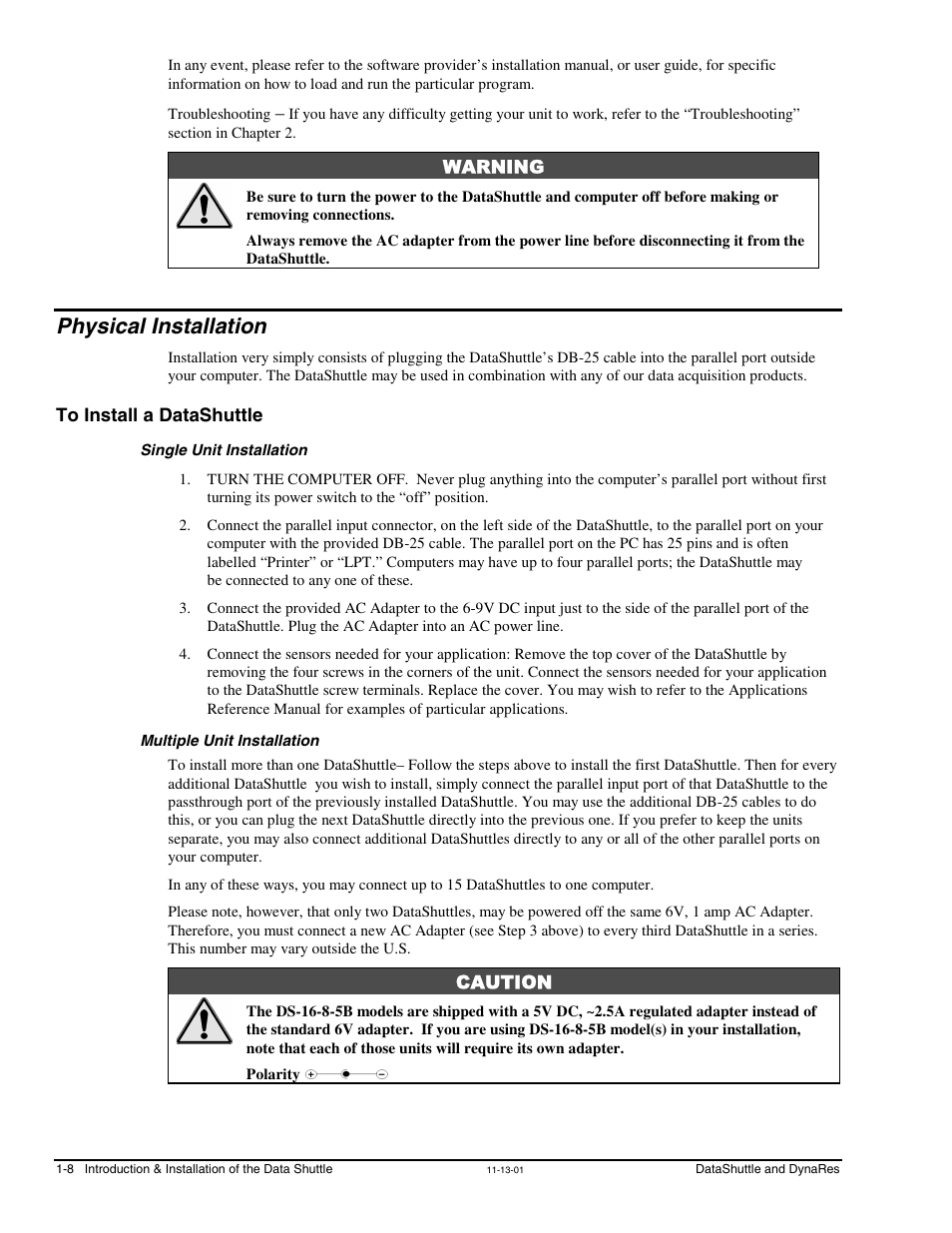 Physical installation, To install a datashuttle, Single unit installation | Multiple unit installation, Physical installation …… 1-8, To install a datashuttle …… 1-8 | Measurement Computing DataShuttle User Manual | Page 16 / 126