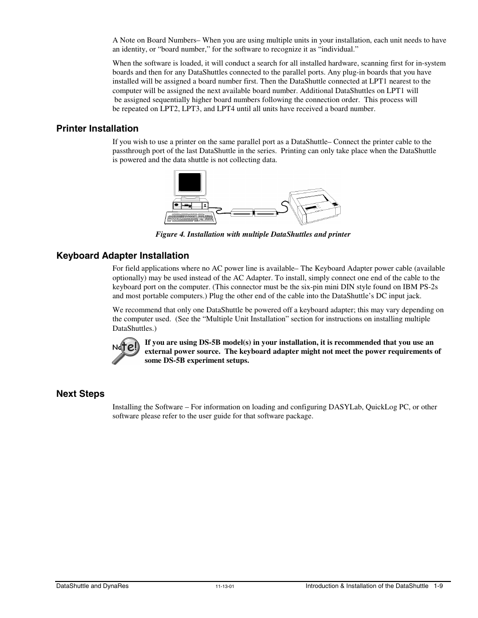 Printer installation, Keyboard adapter installation, Next steps | Printer installation …… 1 | Measurement Computing DataShuttle User Manual | Page 17 / 126