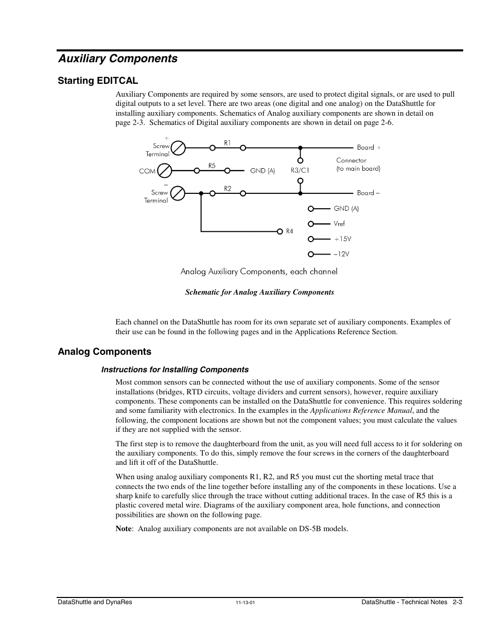 Auxiliary analog and digital components, Starting editcal, Analog components | Instructions for installing components, Auxiliary components | Measurement Computing DataShuttle User Manual | Page 21 / 126