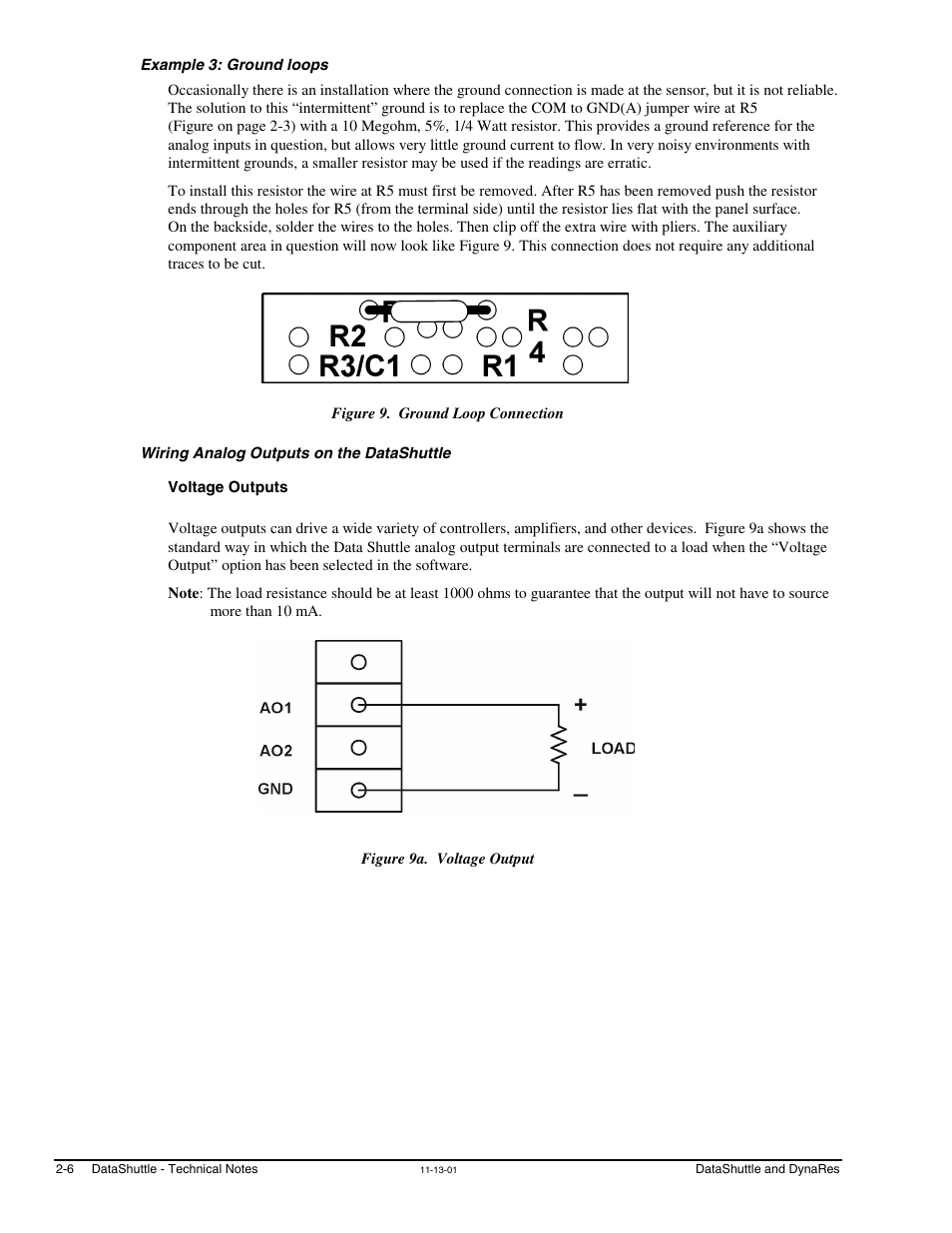 Example 3: ground loops, Wiring analog outputs on the datashuttle, Voltage outputs | Measurement Computing DataShuttle User Manual | Page 24 / 126