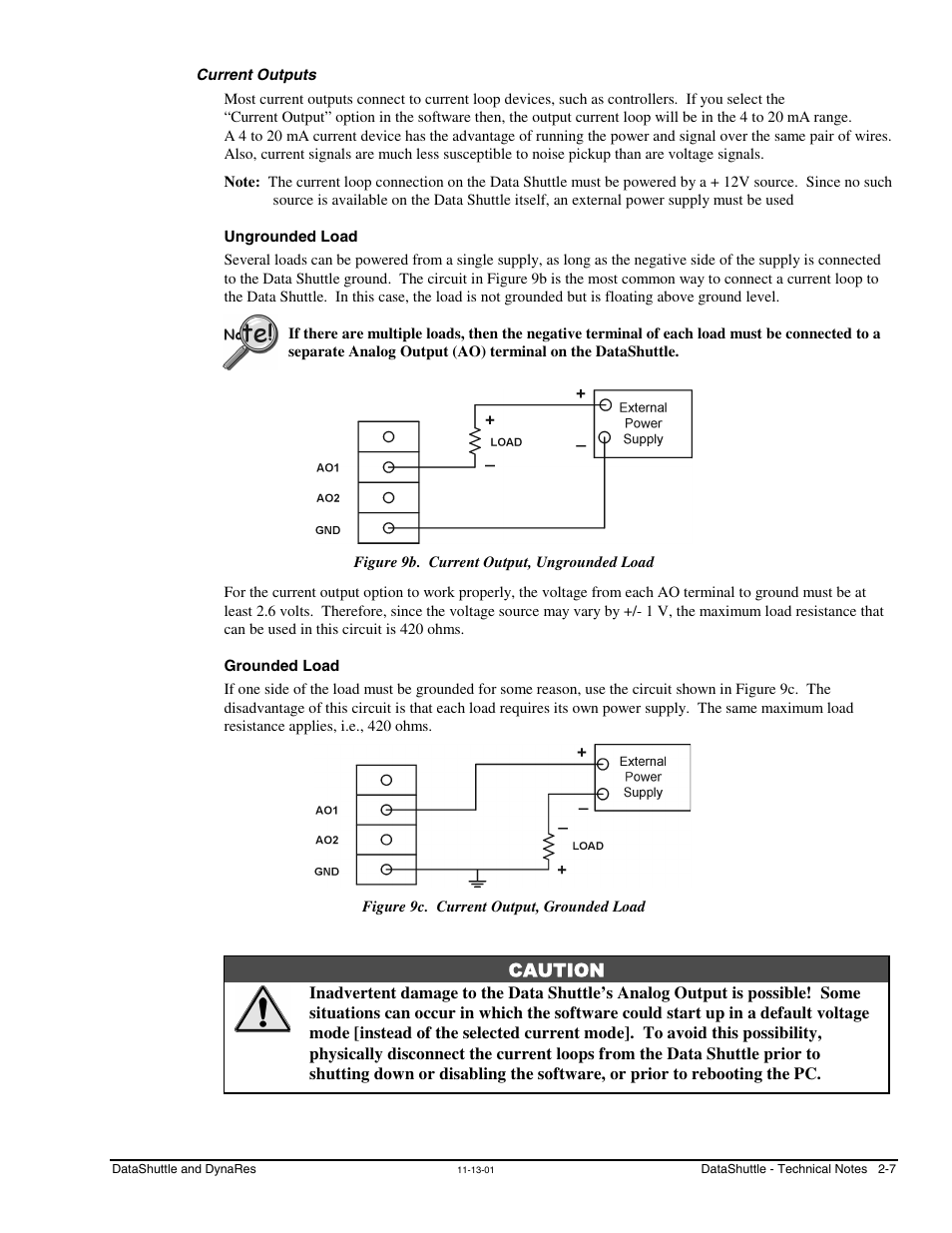 Current outputs, Ungrounded load, Grounded load | Measurement Computing DataShuttle User Manual | Page 25 / 126