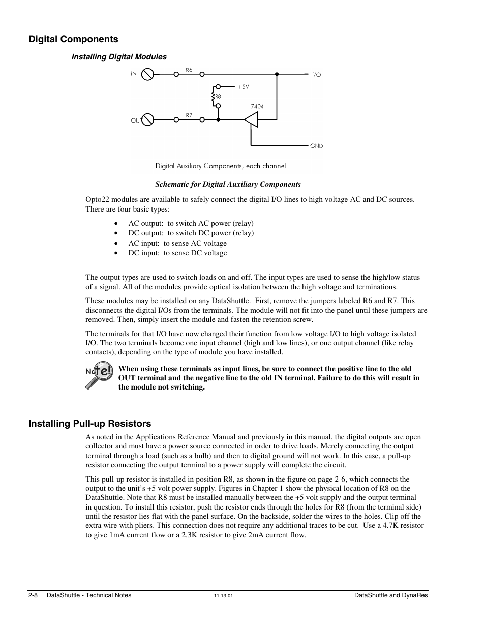 Digital components, Installing digital modules, Installing pull-up resistors | Measurement Computing DataShuttle User Manual | Page 26 / 126