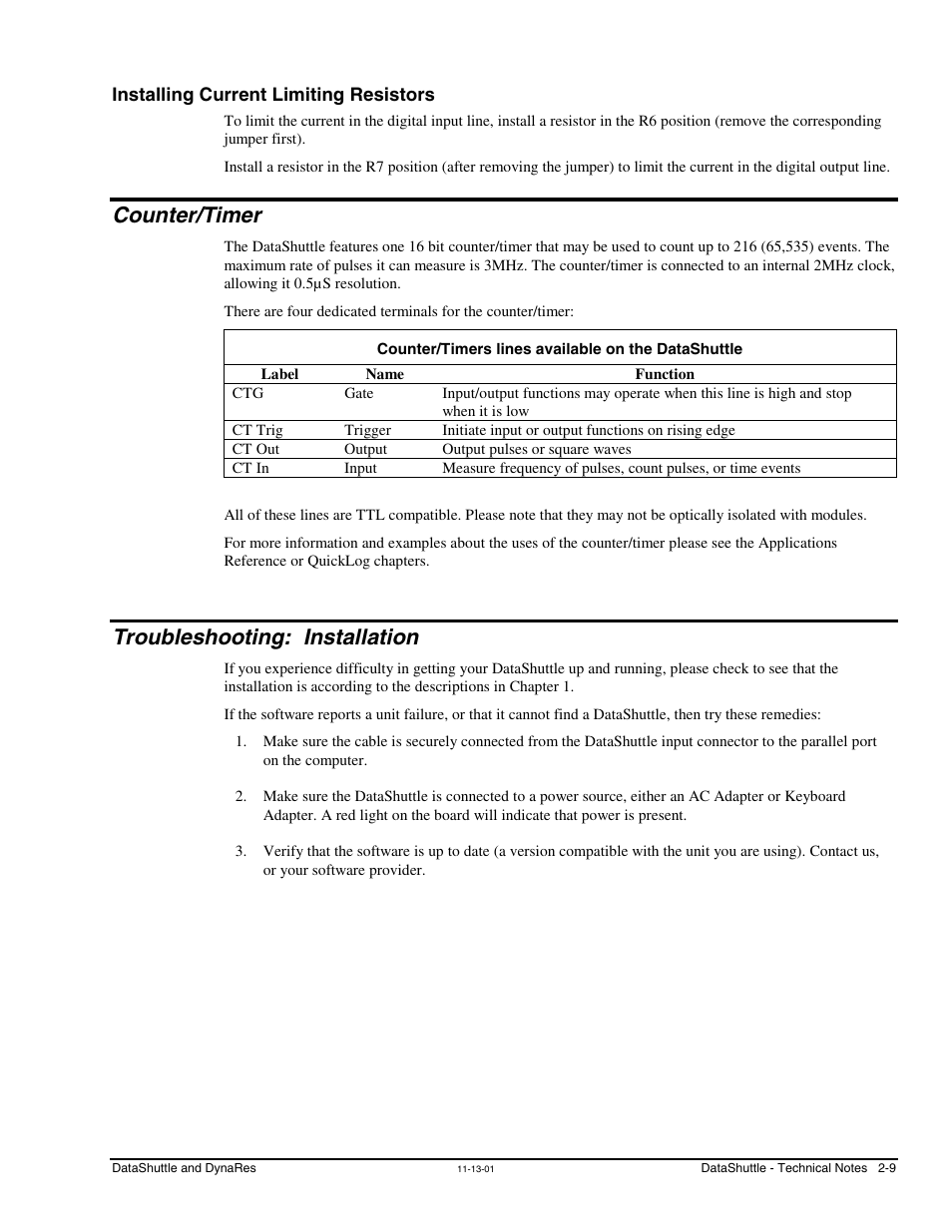 Installing current limiting resistors, Counter/timer, Counter/timers lines available on the datashuttle | Troubleshooting: installation | Measurement Computing DataShuttle User Manual | Page 27 / 126