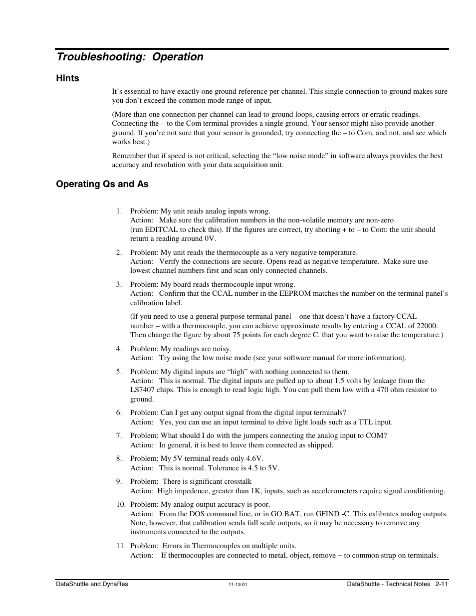Troubleshooting: operation, Hints, Operating qs and as | Measurement Computing DataShuttle User Manual | Page 29 / 126