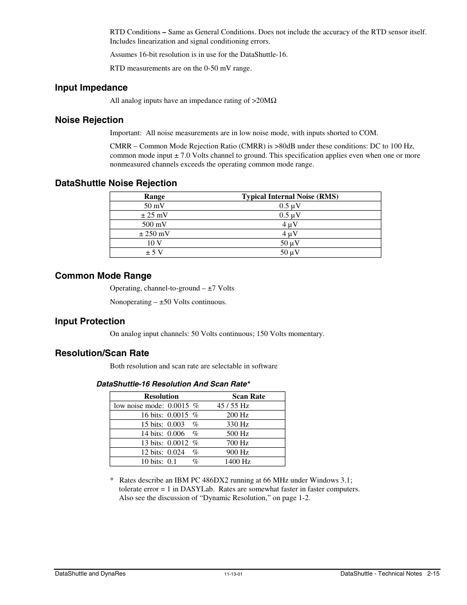 Input impedance, Noise rejection, Datashuttle noise rejection | Common mode range, Input protection, Resolution/scan rate, Datashuttle-16 resolution and scan rate | Measurement Computing DataShuttle User Manual | Page 33 / 126