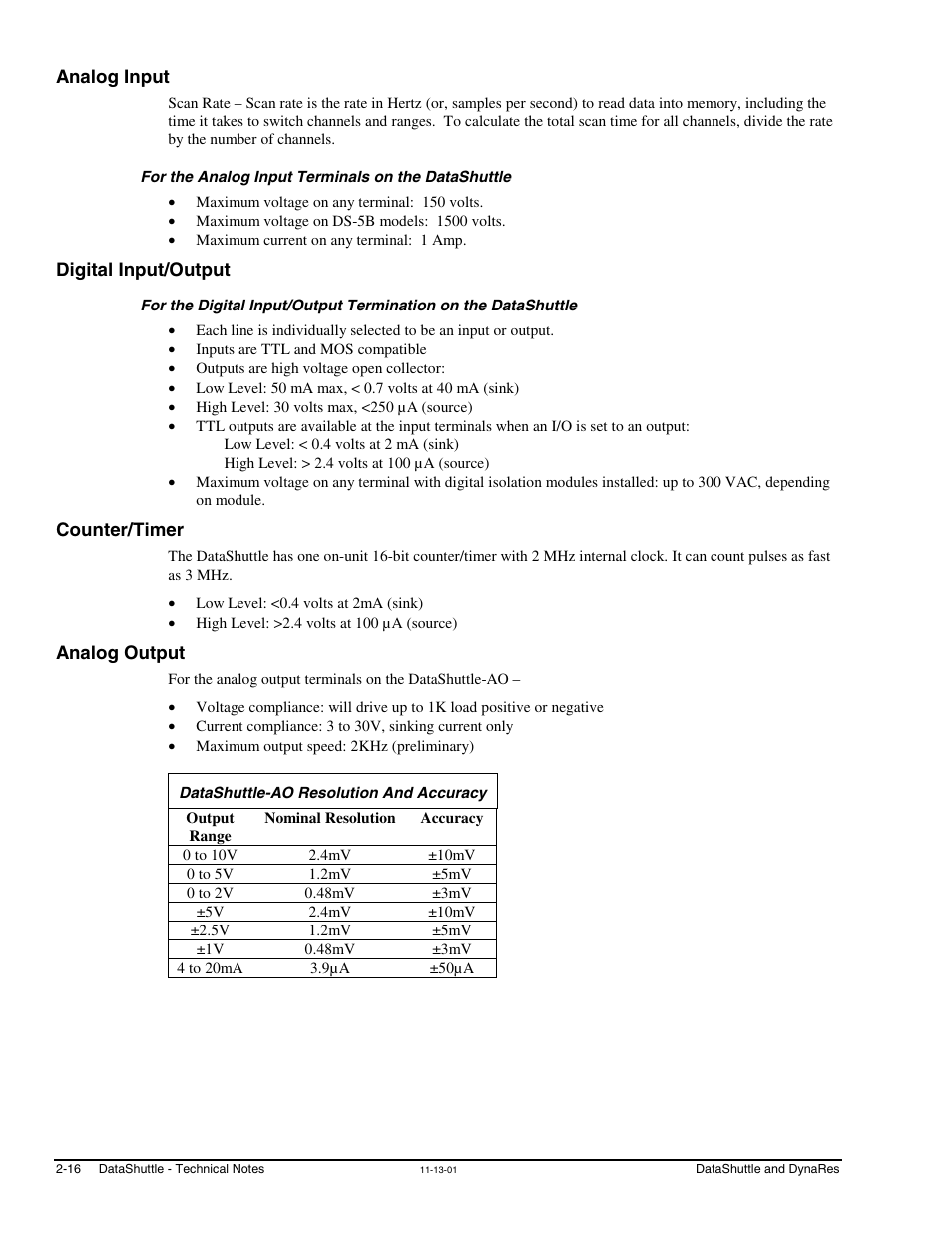 Analog input, For the analog input terminals on the datashuttle, Digital input/output | Counter/timer, Analog output, Datashuttle-ao resolution and accuracy | Measurement Computing DataShuttle User Manual | Page 34 / 126