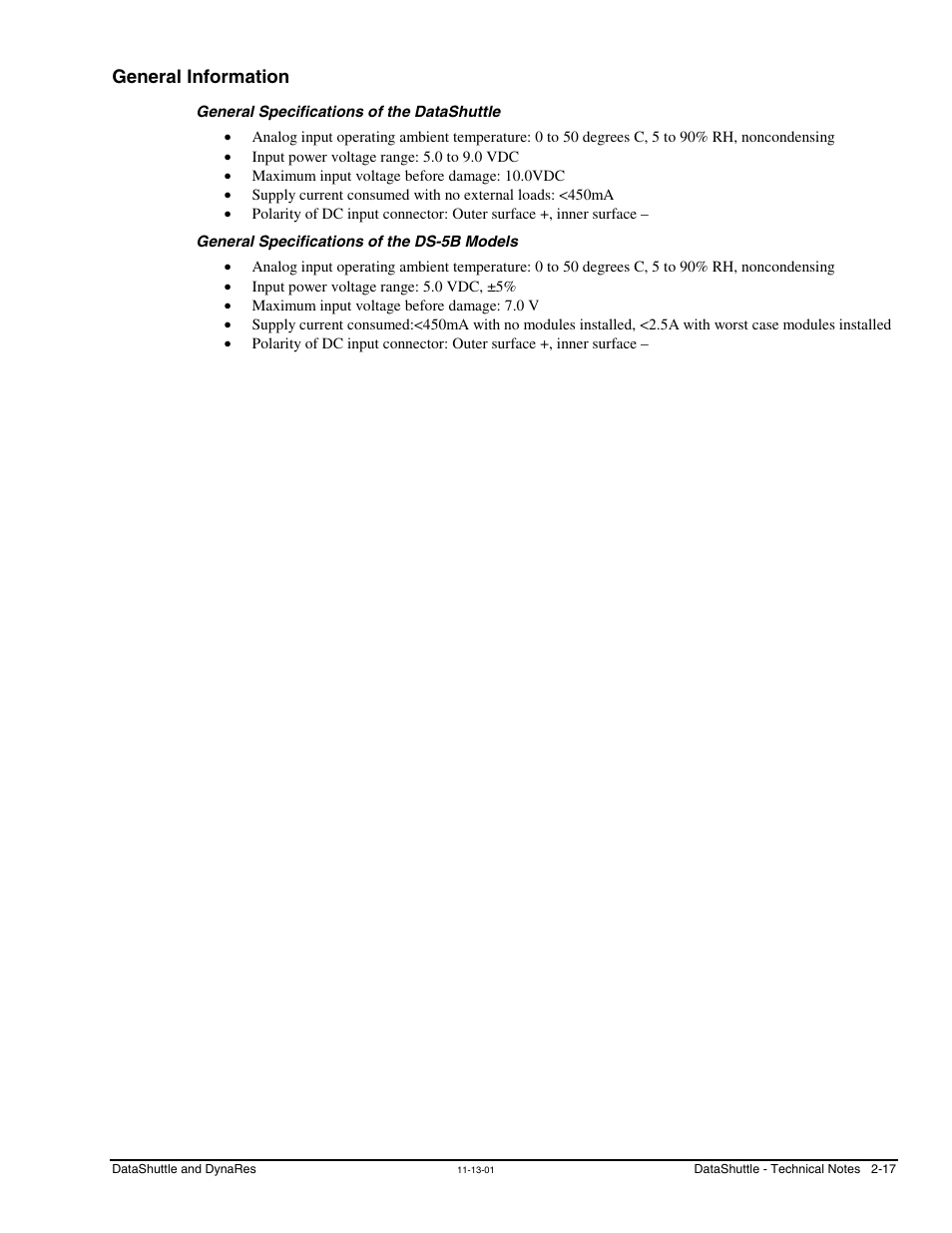 General information, General specifications of the datashuttle, General specifications of the ds-5b models | Measurement Computing DataShuttle User Manual | Page 35 / 126